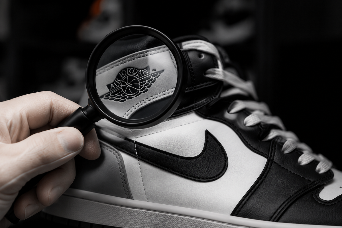 Sneaker-Authentizitätsprüfung mit Lupe und Detailansicht